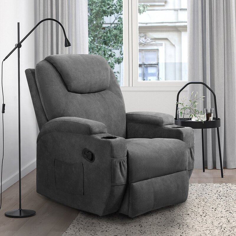 Fabric Rocking Chair with Massage 360 Degree Swivel Sofa Seat with Drink Holder Latitude Run Body Fabric Gray Canvas